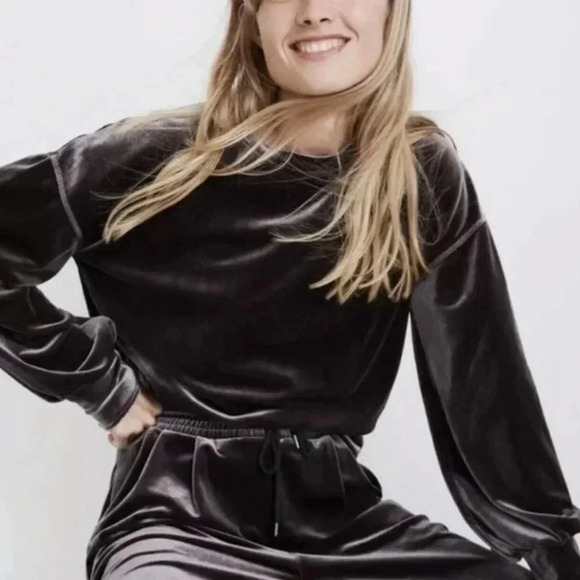 Madewell Dark Grey Metal Velvet Balloon Sleeve Sweatshirt Size Medium M - Picture 2 of 6